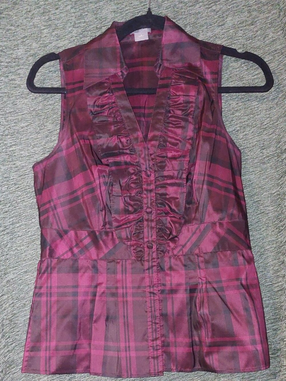 Ann Taylor Ruffled Silk Tartan Blouse Size: 4 Red/Black